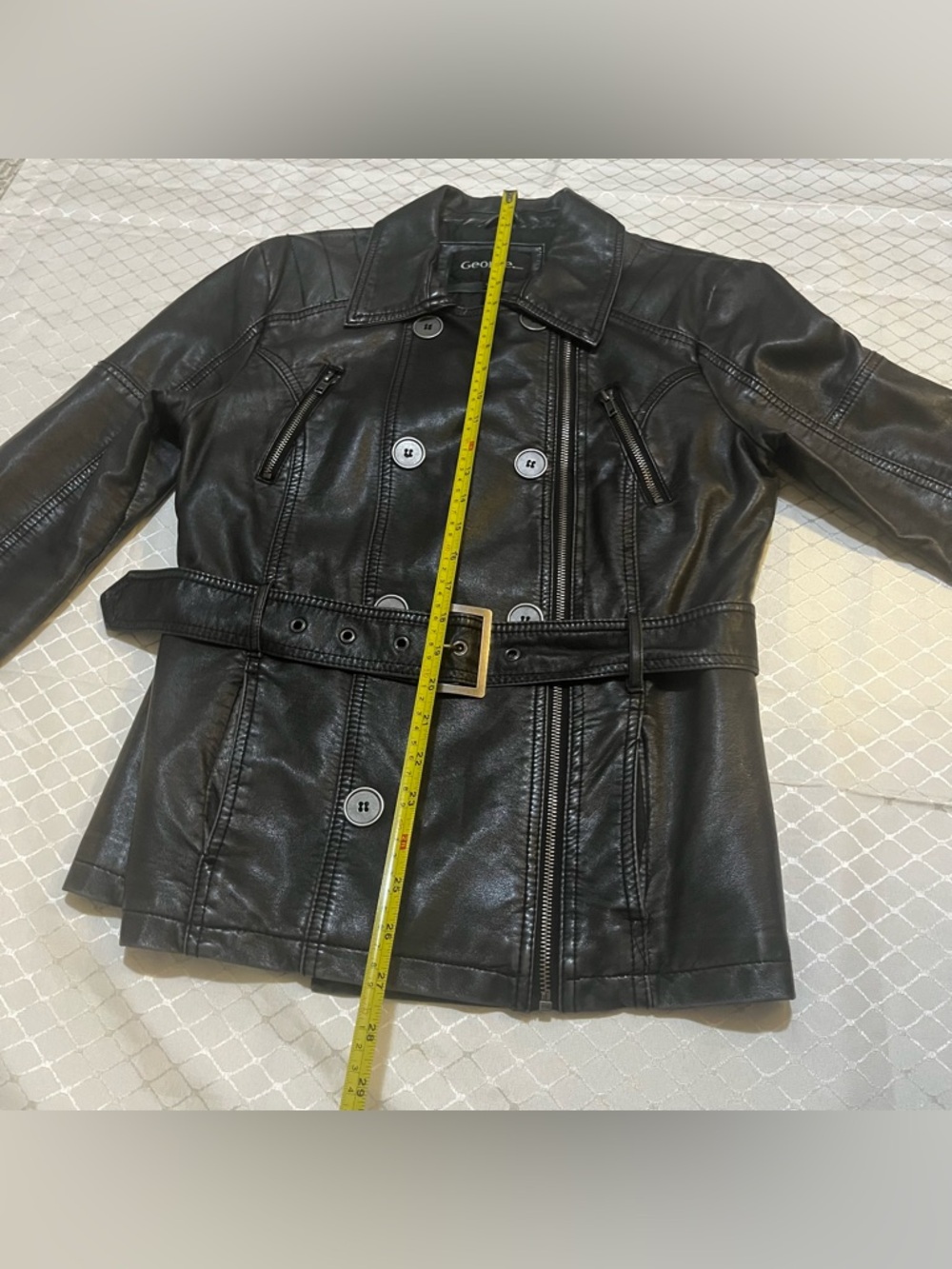 🛍️ $13 ADD-ON | Black & Silver Faux Leather Belted Button Zipper Jacket George - Picture 9 of 16